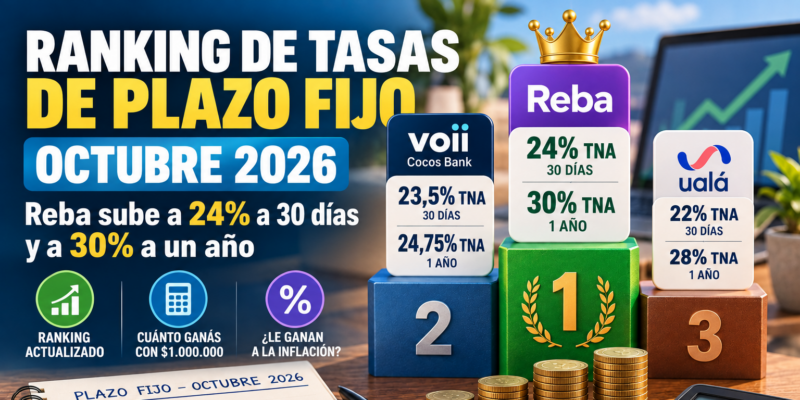 Ranking de tasas de plazo fijo en octubre 2026: Reba sube a 24% a 30 días y a 30% a un año