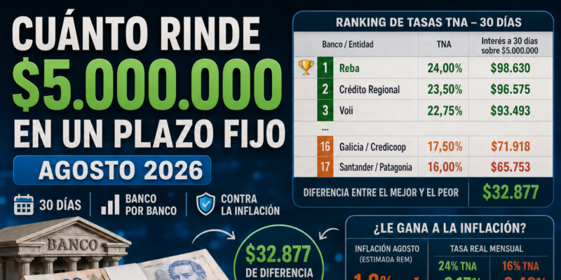 Cuánto rinde $5.000.000 en un plazo fijo en agosto 2026: banco por banco y contra la inflación